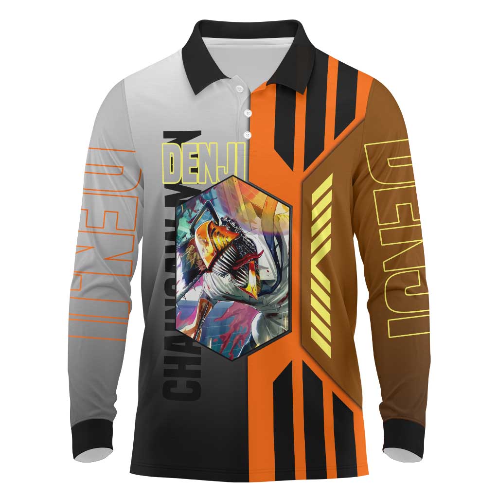 Denji from Chainsaw Man Long Sleeve Polo Shirt with Energetic Posing and Chainsaw Demon Design - The Mazicc