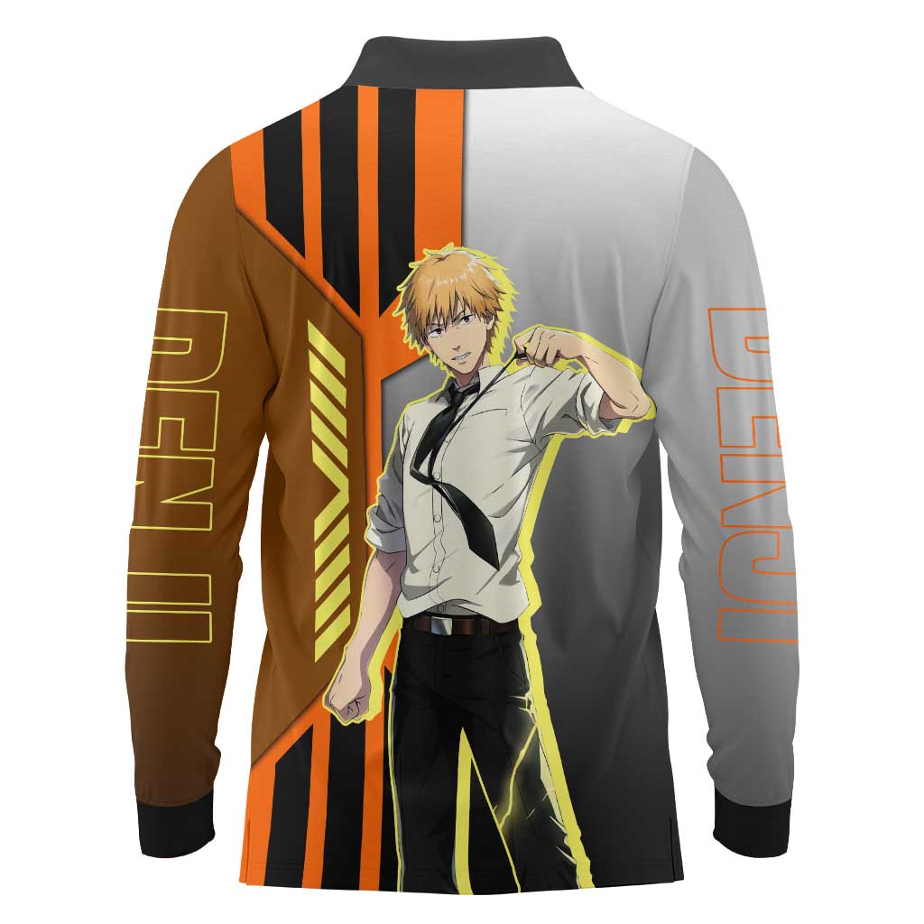 Denji from Chainsaw Man Long Sleeve Polo Shirt with Energetic Posing and Chainsaw Demon Design - The Mazicc