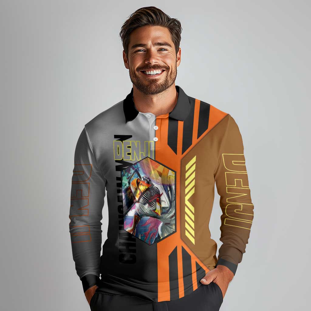Denji from Chainsaw Man Long Sleeve Polo Shirt with Energetic Posing and Chainsaw Demon Design - The Mazicc
