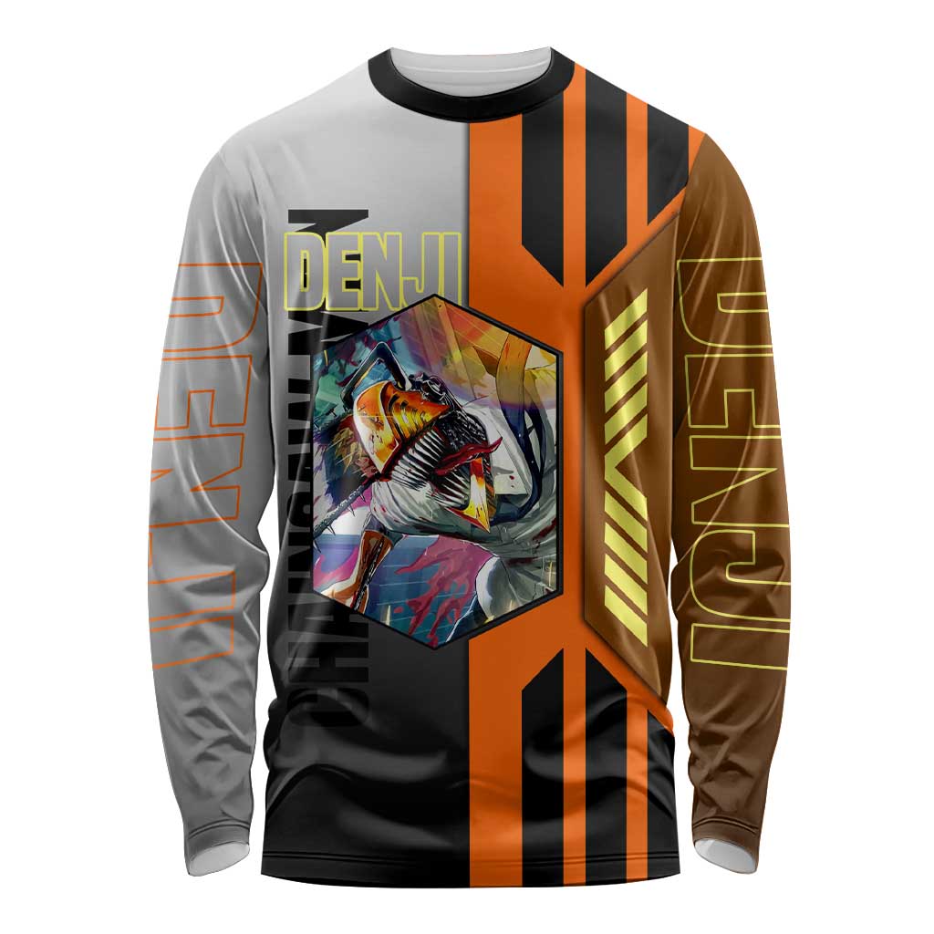 Denji from Chainsaw Man Long Sleeve Shirt with Energetic Posing and Chainsaw Demon Design - The Mazicc