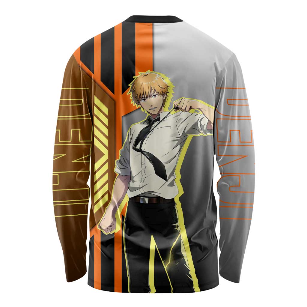 Denji from Chainsaw Man Long Sleeve Shirt with Energetic Posing and Chainsaw Demon Design - The Mazicc