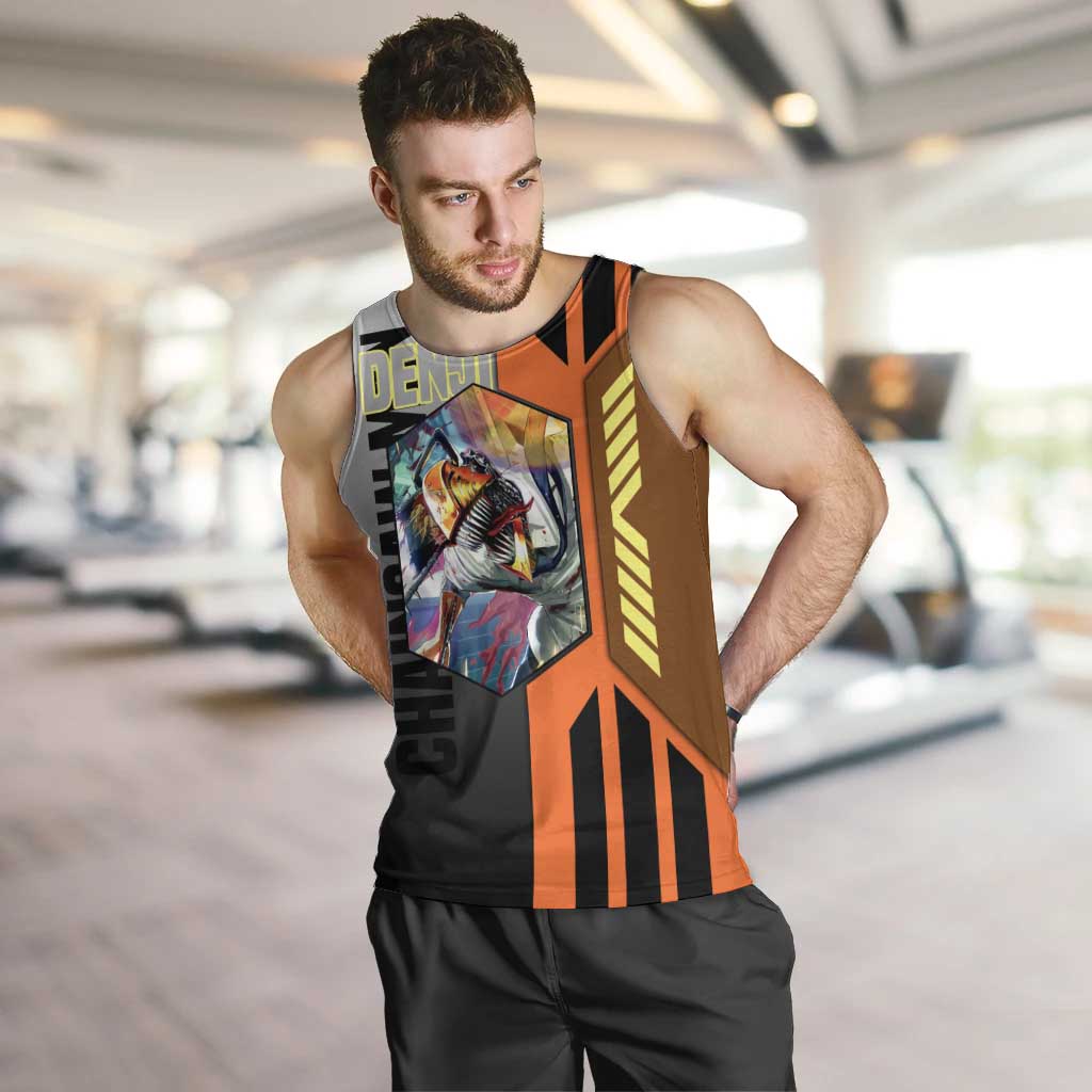 Denji from Chainsaw Man Men Tank Top with Energetic Posing and Chainsaw Demon Design - The Mazicc