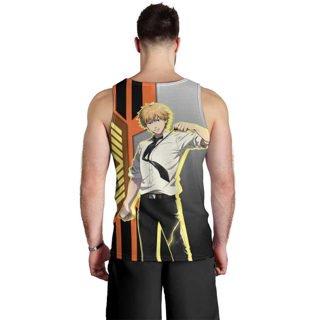 Denji from Chainsaw Man Men Tank Top with Energetic Posing and Chainsaw Demon Design - The Mazicc