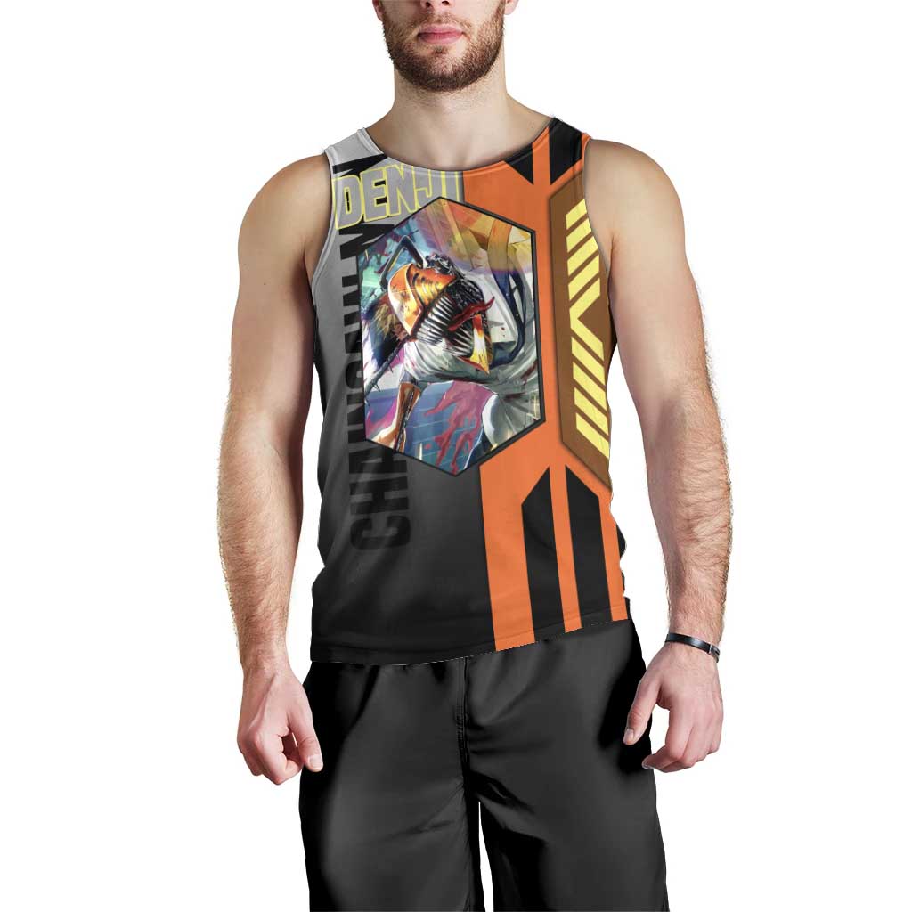 Denji from Chainsaw Man Men Tank Top with Energetic Posing and Chainsaw Demon Design - The Mazicc