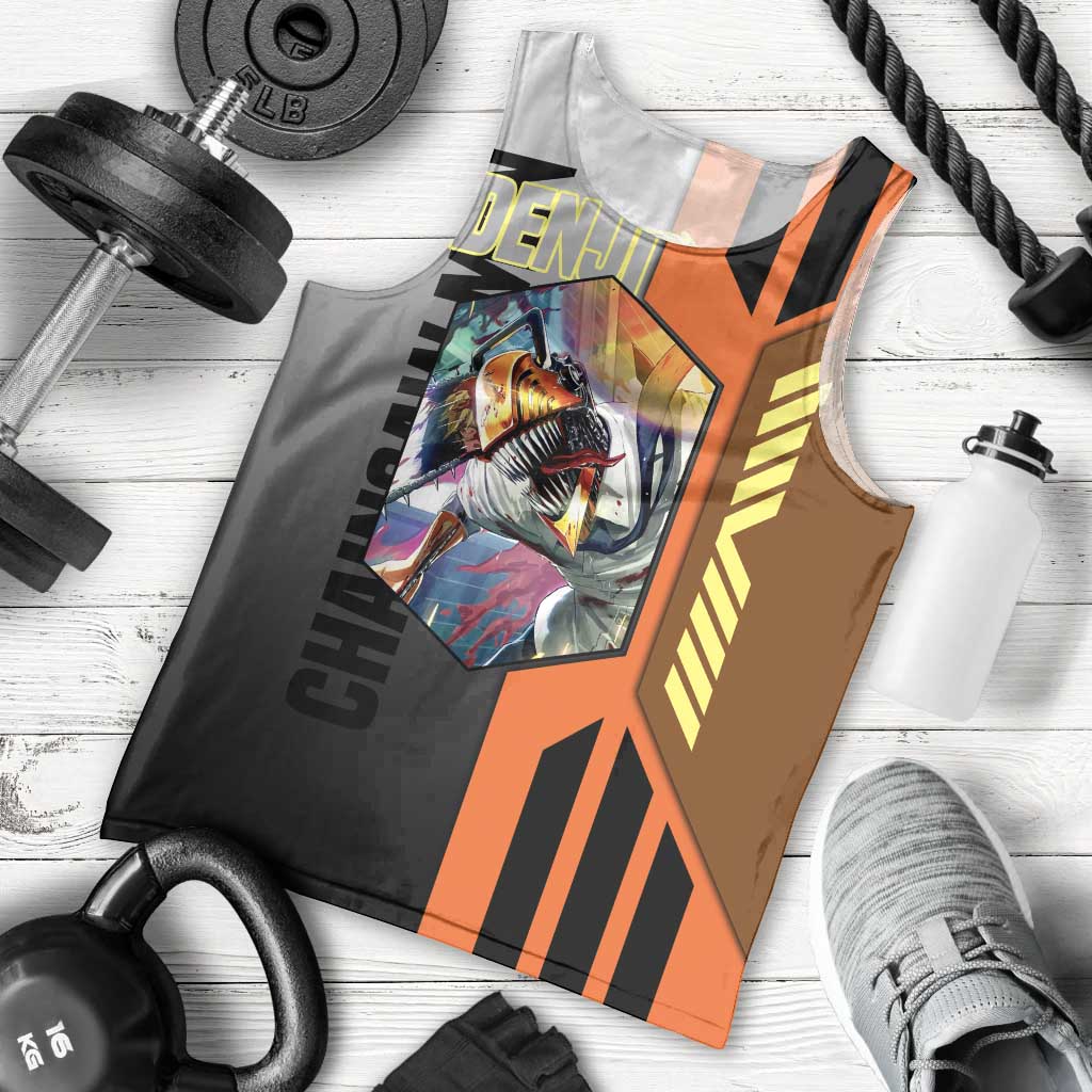 Denji from Chainsaw Man Men Tank Top with Energetic Posing and Chainsaw Demon Design - The Mazicc