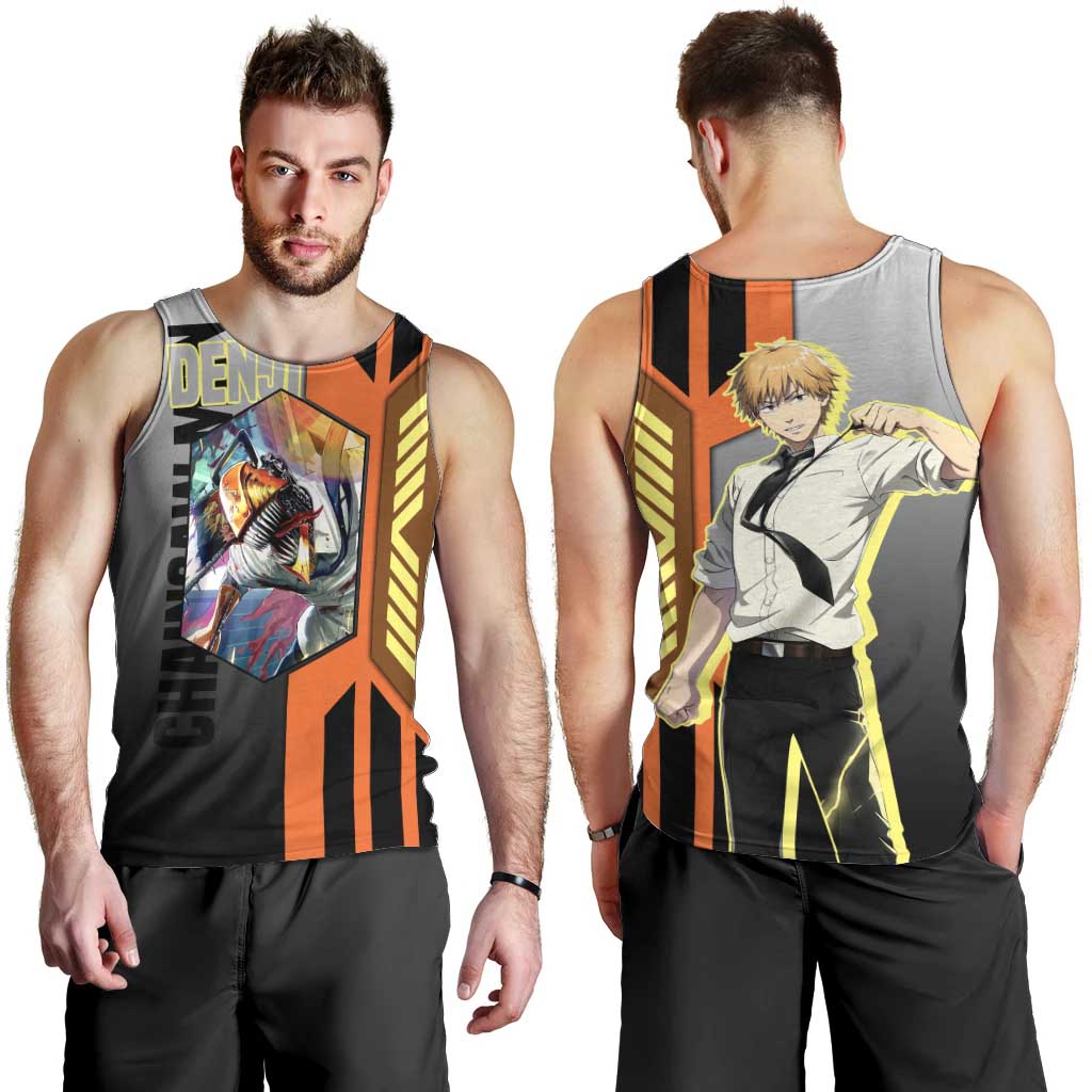 Denji from Chainsaw Man Men Tank Top with Energetic Posing and Chainsaw Demon Design - The Mazicc