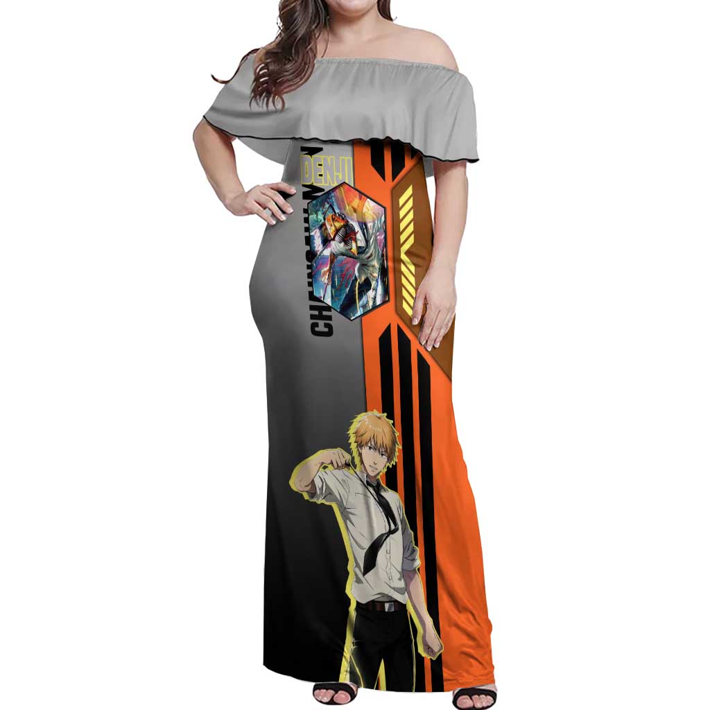 Denji from Chainsaw Man Off Shoulder Maxi Dress with Energetic Posing and Chainsaw Demon Design - The Mazicc