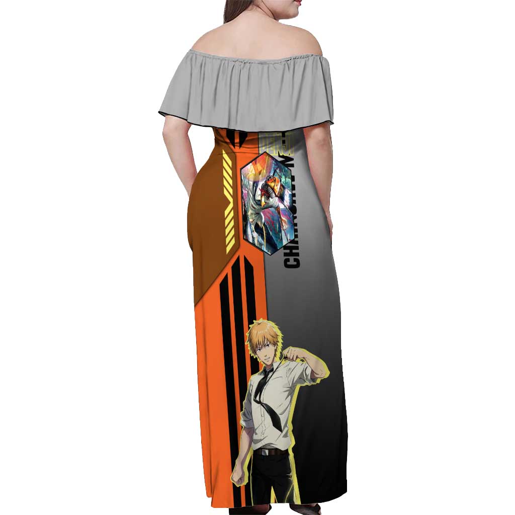 Denji from Chainsaw Man Off Shoulder Maxi Dress with Energetic Posing and Chainsaw Demon Design - The Mazicc