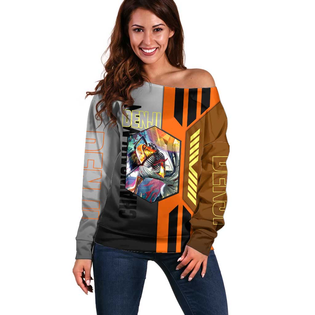 Denji from Chainsaw Man Off Shoulder Sweater with Energetic Posing and Chainsaw Demon Design - The Mazicc