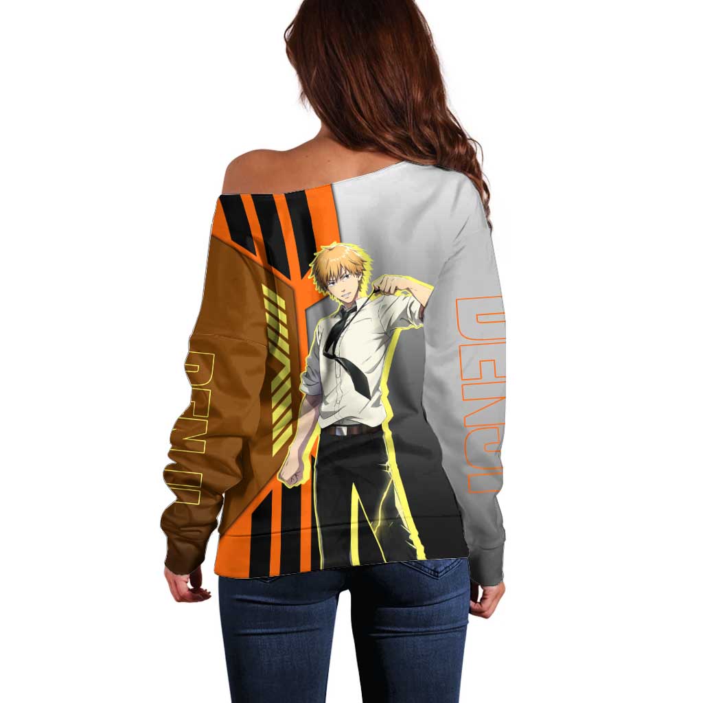 Denji from Chainsaw Man Off Shoulder Sweater with Energetic Posing and Chainsaw Demon Design - The Mazicc