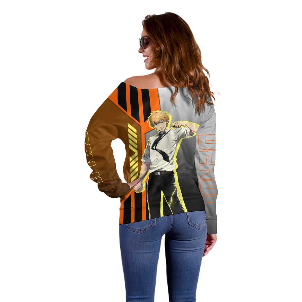 Denji from Chainsaw Man Off Shoulder Sweater with Energetic Posing and Chainsaw Demon Design - The Mazicc