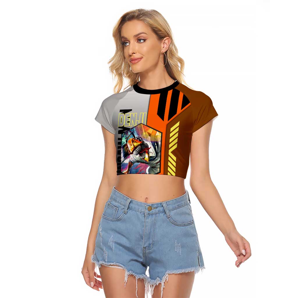Denji from Chainsaw Man Raglan Cropped T Shirt with Energetic Posing and Chainsaw Demon Design - The Mazicc