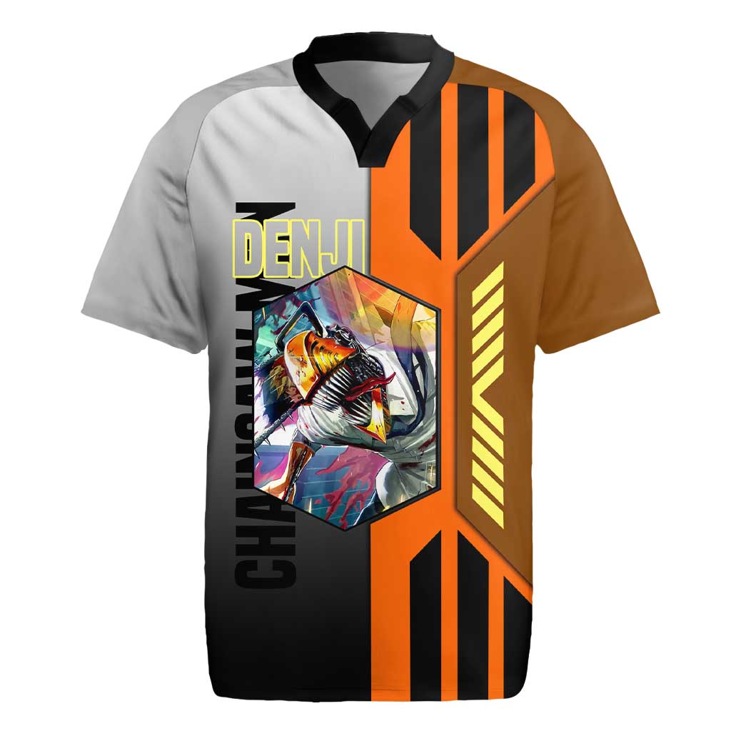 Denji from Chainsaw Man Rugby Jersey with Energetic Posing and Chainsaw Demon Design - The Mazicc