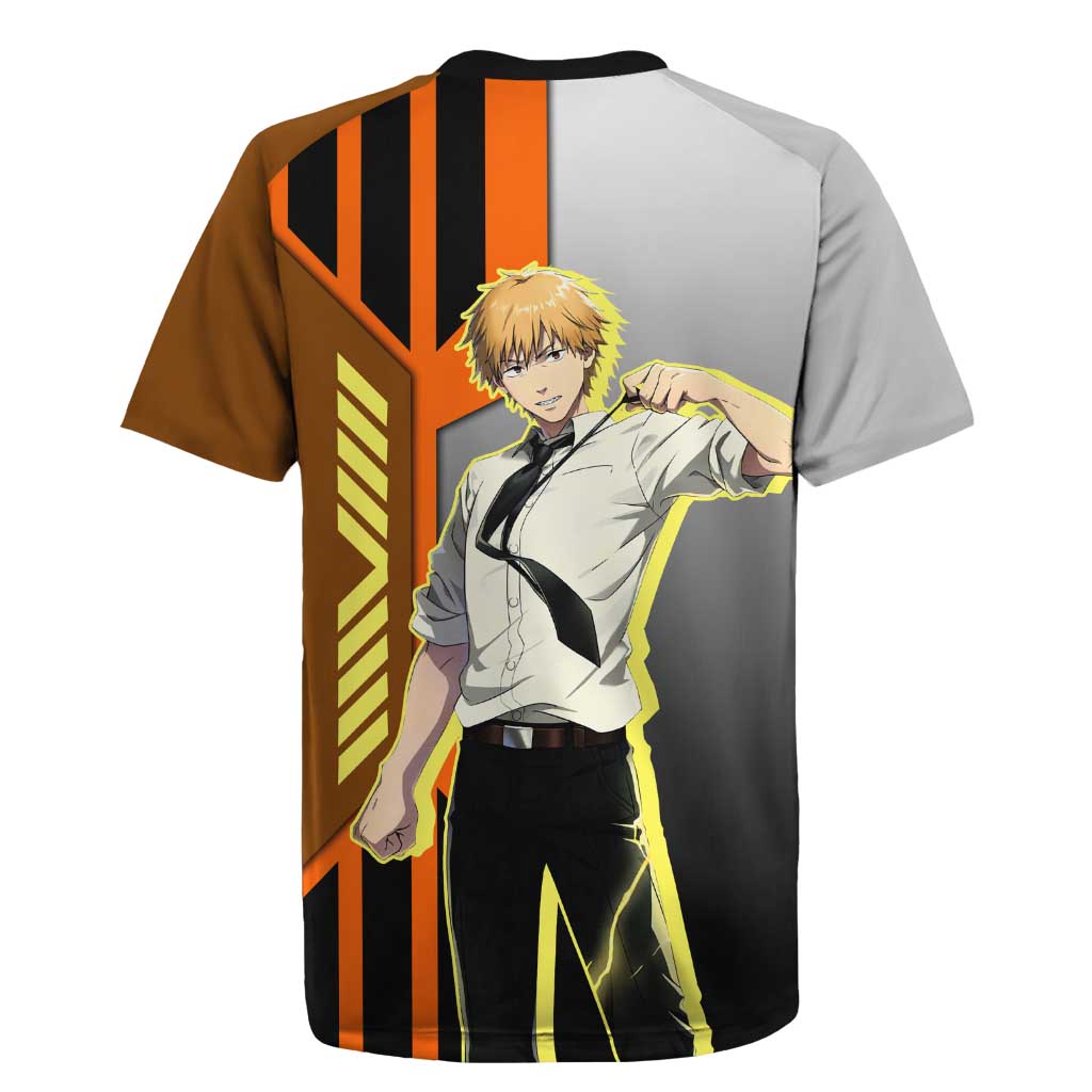 Denji from Chainsaw Man Rugby Jersey with Energetic Posing and Chainsaw Demon Design - The Mazicc