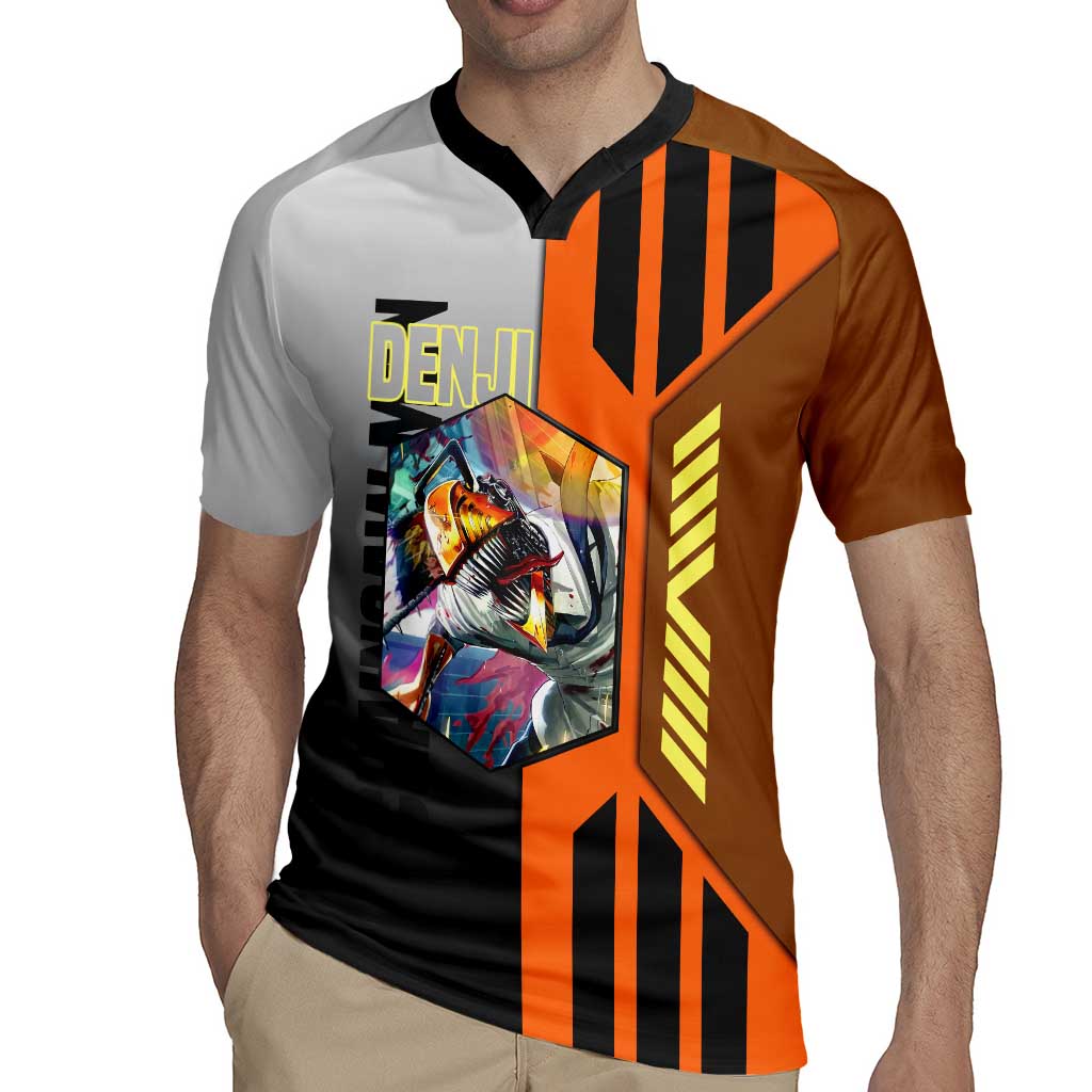 Denji from Chainsaw Man Rugby Jersey with Energetic Posing and Chainsaw Demon Design - The Mazicc