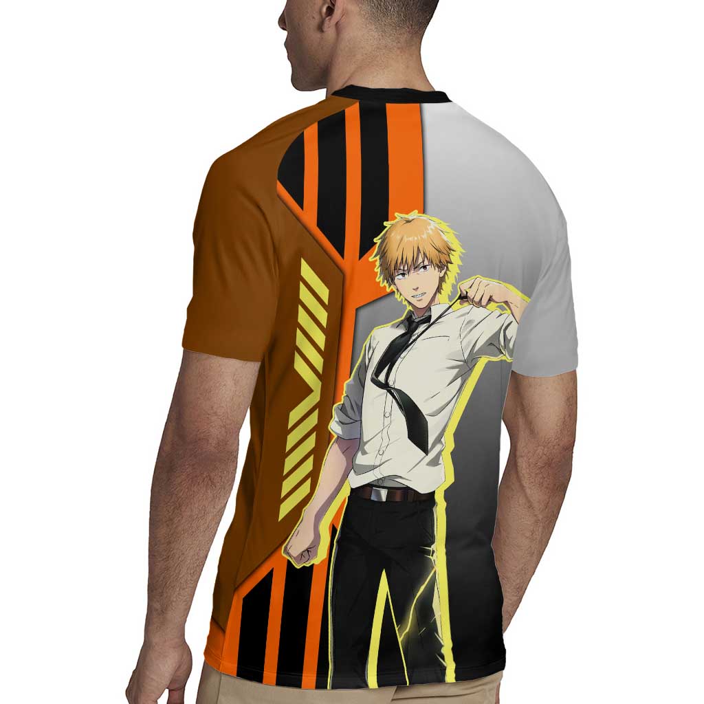 Denji from Chainsaw Man Rugby Jersey with Energetic Posing and Chainsaw Demon Design - The Mazicc