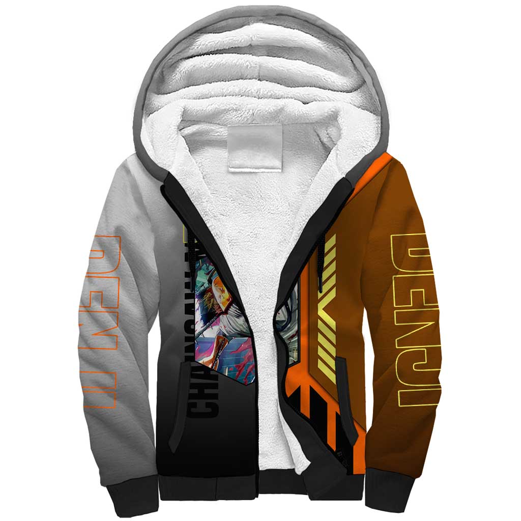 Denji from Chainsaw Man Sherpa Hoodie with Energetic Posing and Chainsaw Demon Design - The Mazicc