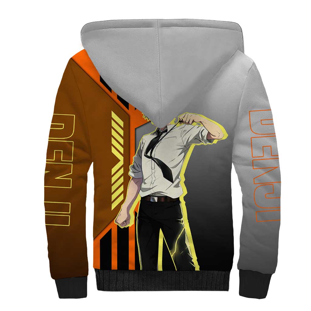 Denji from Chainsaw Man Sherpa Hoodie with Energetic Posing and Chainsaw Demon Design - The Mazicc
