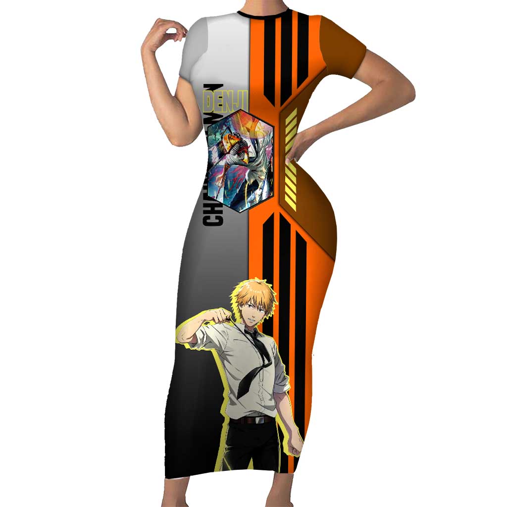 Denji from Chainsaw Man Short Sleeve Bodycon Dress with Energetic Posing and Chainsaw Demon Design - The Mazicc