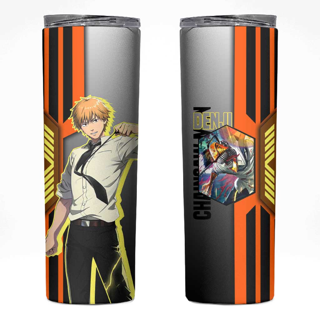 Denji from Chainsaw Man Skinny Tumbler with Energetic Posing and Chainsaw Demon Design - The Mazicc