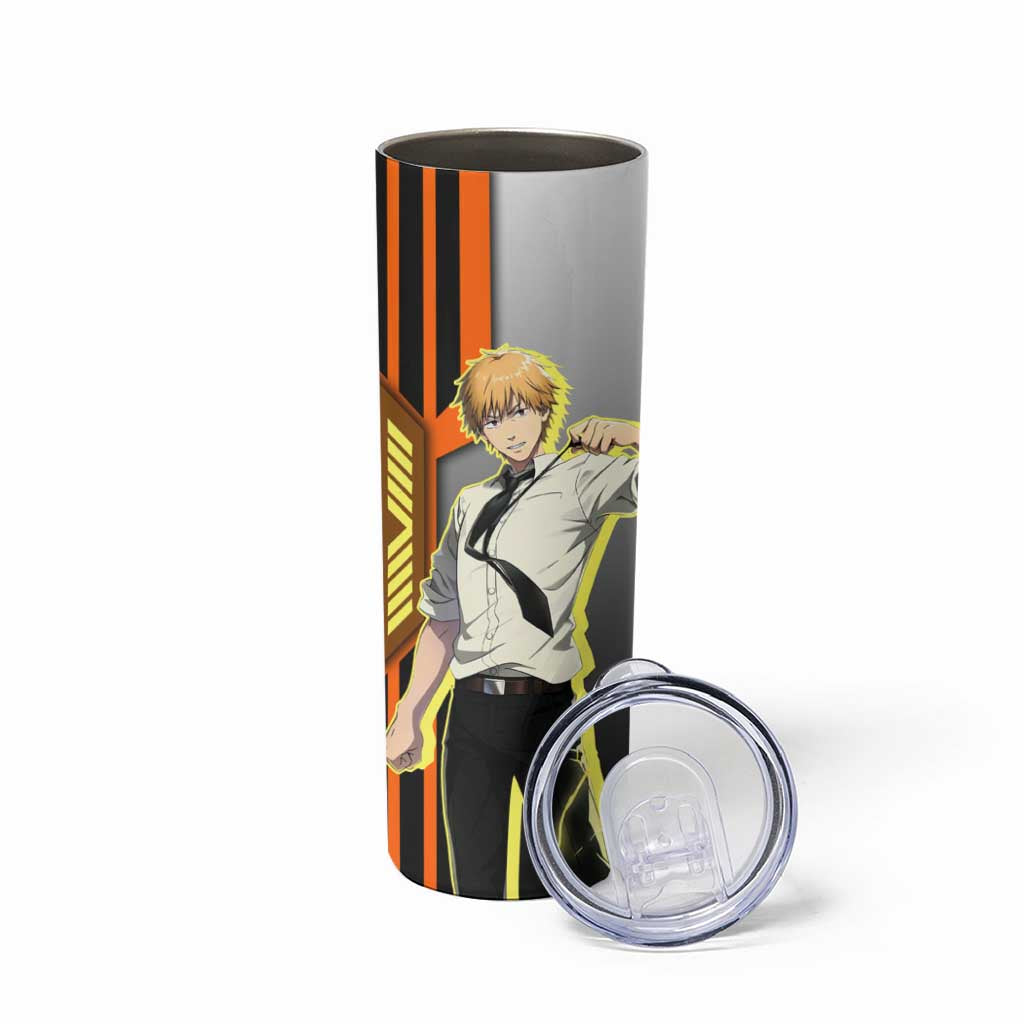 Denji from Chainsaw Man Skinny Tumbler with Energetic Posing and Chainsaw Demon Design - The Mazicc