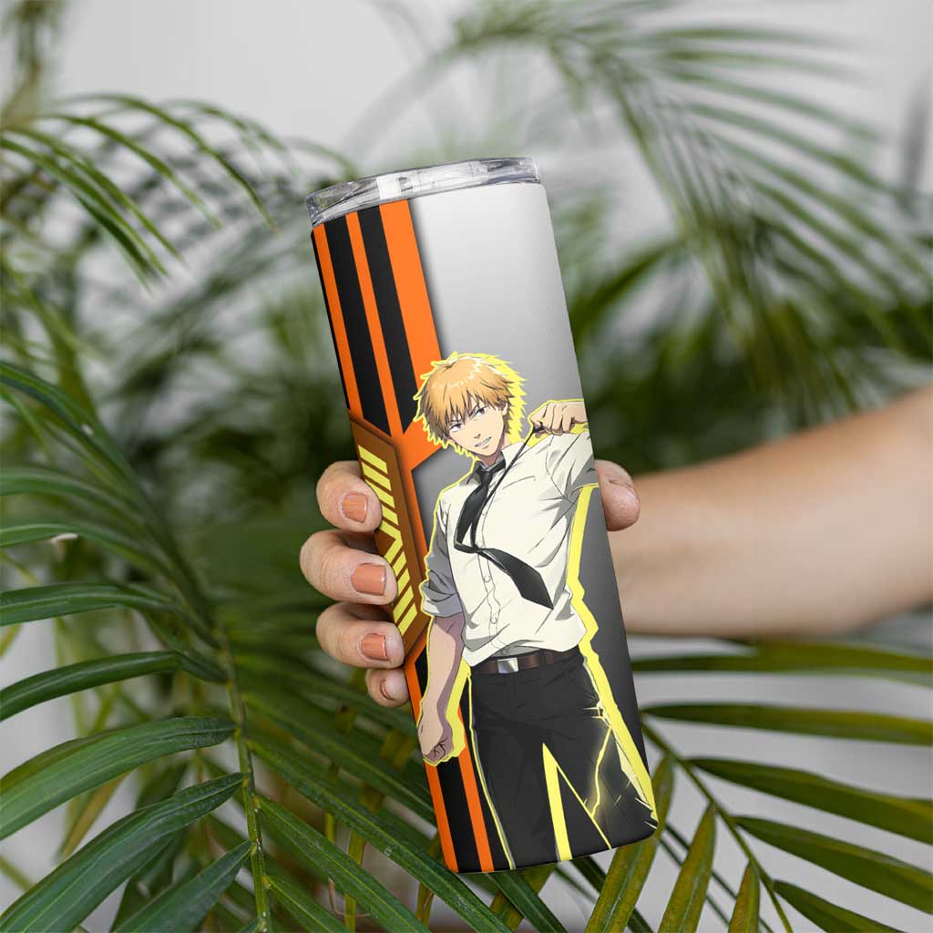 Denji from Chainsaw Man Skinny Tumbler with Energetic Posing and Chainsaw Demon Design - The Mazicc