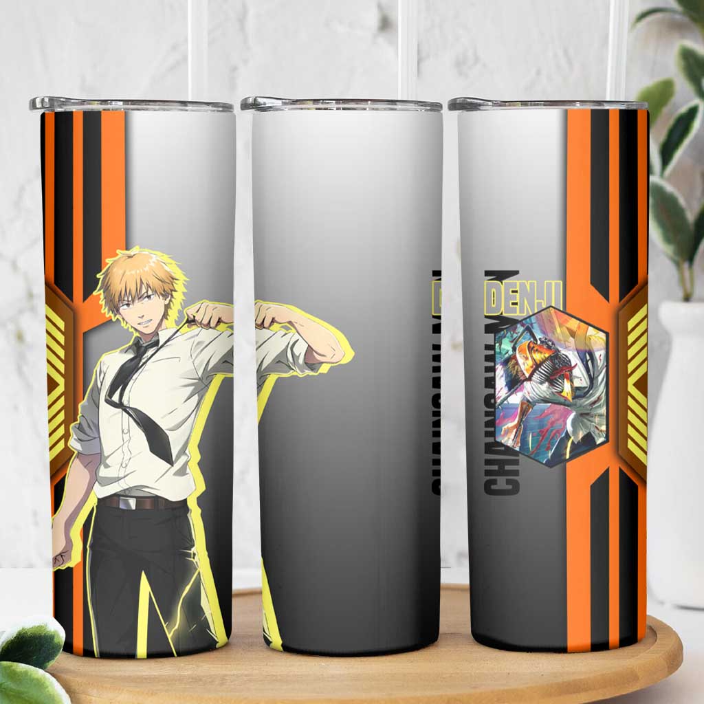 Denji from Chainsaw Man Skinny Tumbler with Energetic Posing and Chainsaw Demon Design - The Mazicc