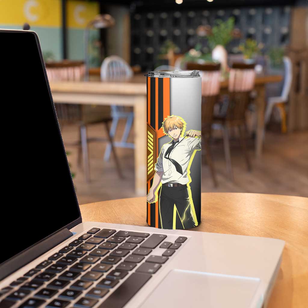 Denji from Chainsaw Man Skinny Tumbler with Energetic Posing and Chainsaw Demon Design - The Mazicc
