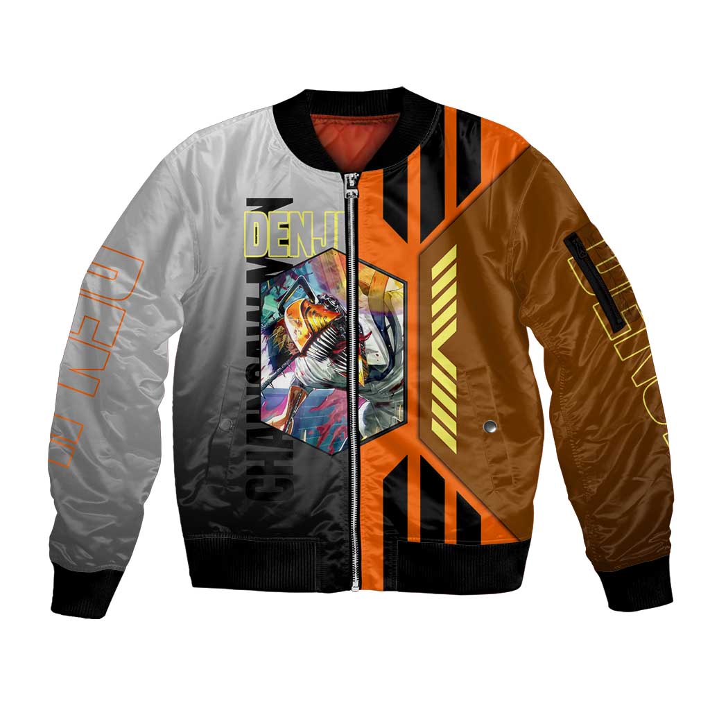 Denji from Chainsaw Man Sleeve Zip Bomber Jacket with Energetic Posing and Chainsaw Demon Design - The Mazicc
