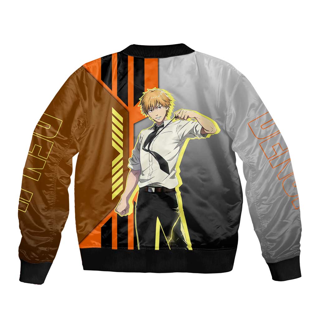 Denji from Chainsaw Man Sleeve Zip Bomber Jacket with Energetic Posing and Chainsaw Demon Design - The Mazicc
