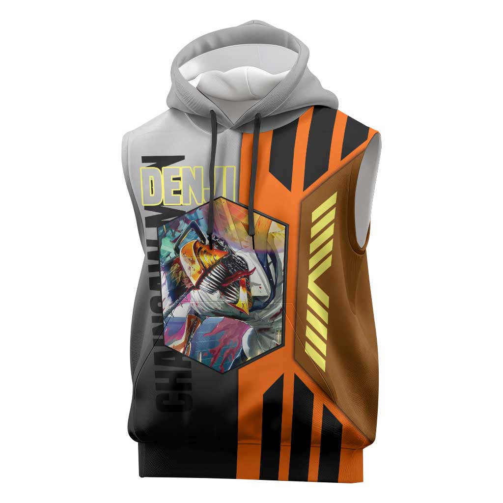 Denji from Chainsaw Man Sleeveless Hoodie with Energetic Posing and Chainsaw Demon Design - The Mazicc