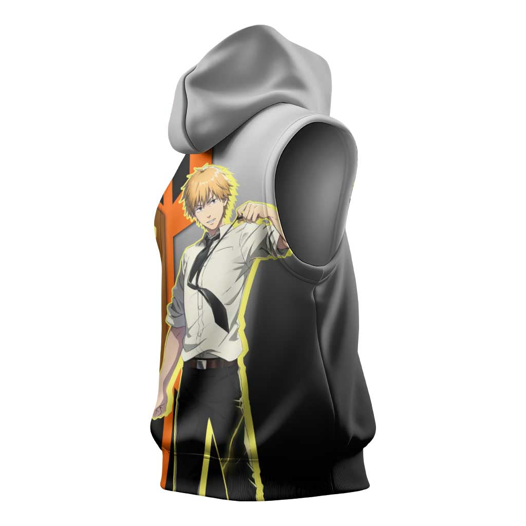 Denji from Chainsaw Man Sleeveless Hoodie with Energetic Posing and Chainsaw Demon Design - The Mazicc