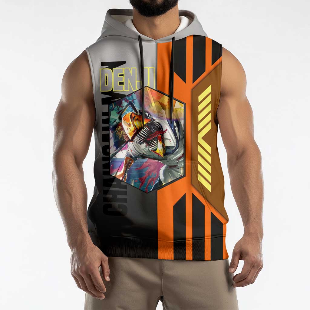 Denji from Chainsaw Man Sleeveless Hoodie with Energetic Posing and Chainsaw Demon Design - The Mazicc