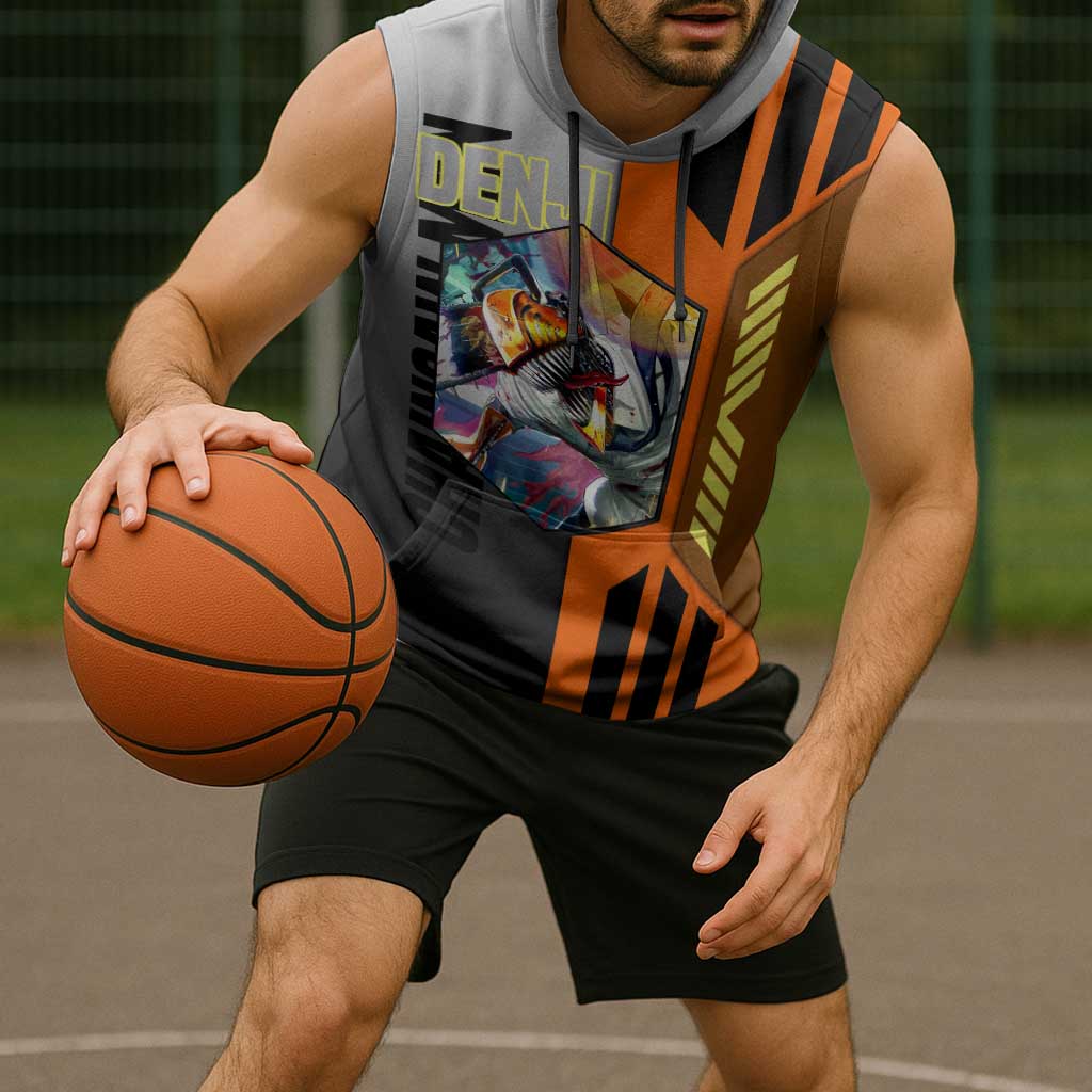 Denji from Chainsaw Man Sleeveless Hoodie with Energetic Posing and Chainsaw Demon Design - The Mazicc