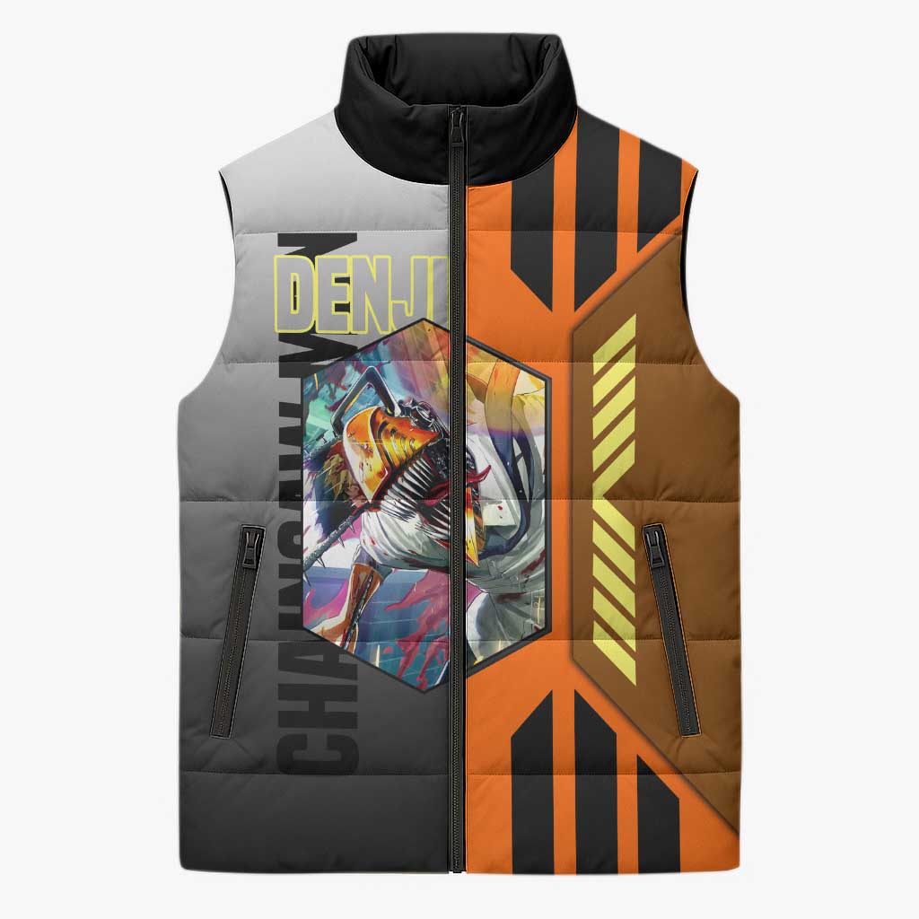 Denji from Chainsaw Man Sleeveless Puffer Jacket with Energetic Posing and Chainsaw Demon Design - The Mazicc