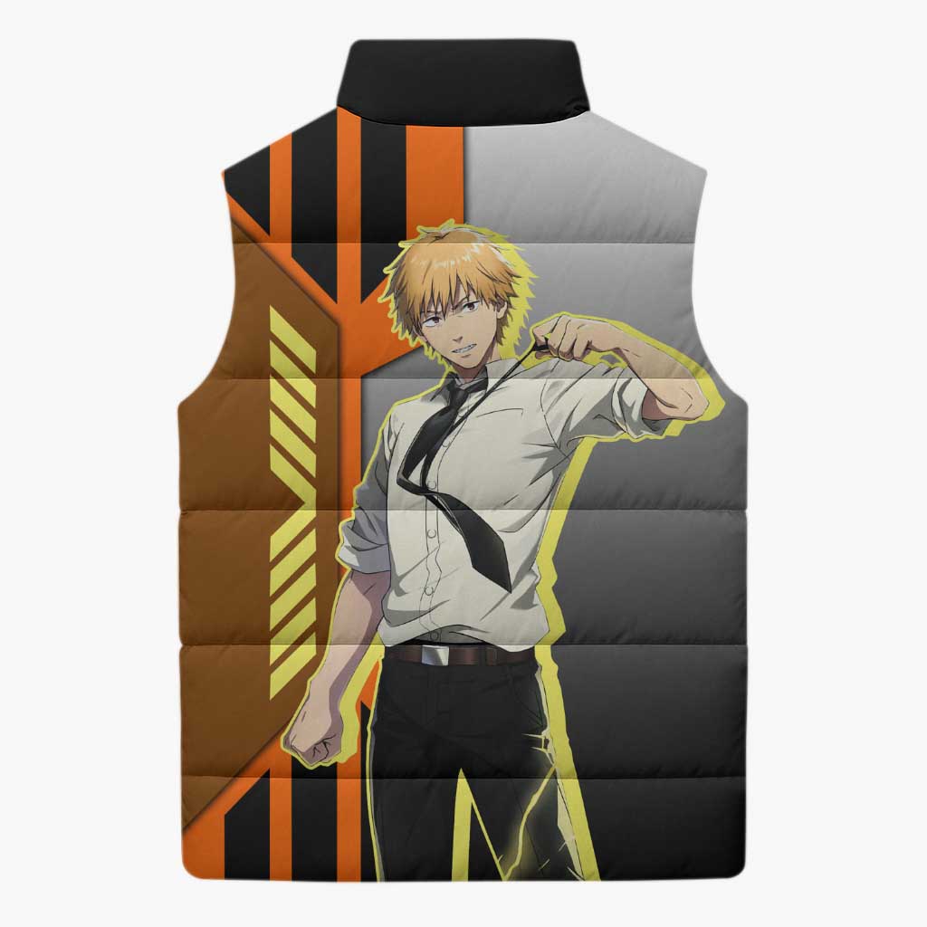 Denji from Chainsaw Man Sleeveless Puffer Jacket with Energetic Posing and Chainsaw Demon Design - The Mazicc