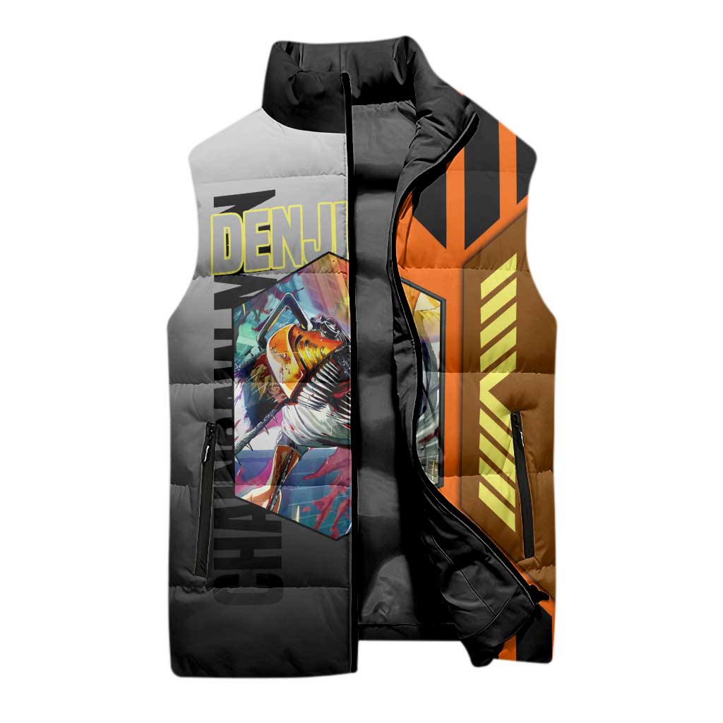 Denji from Chainsaw Man Sleeveless Puffer Jacket with Energetic Posing and Chainsaw Demon Design - The Mazicc