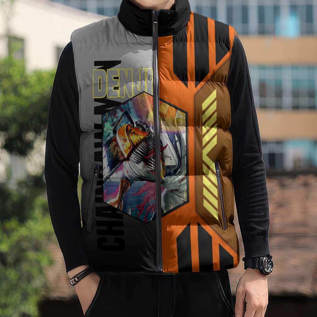 Denji from Chainsaw Man Sleeveless Puffer Jacket with Energetic Posing and Chainsaw Demon Design - The Mazicc