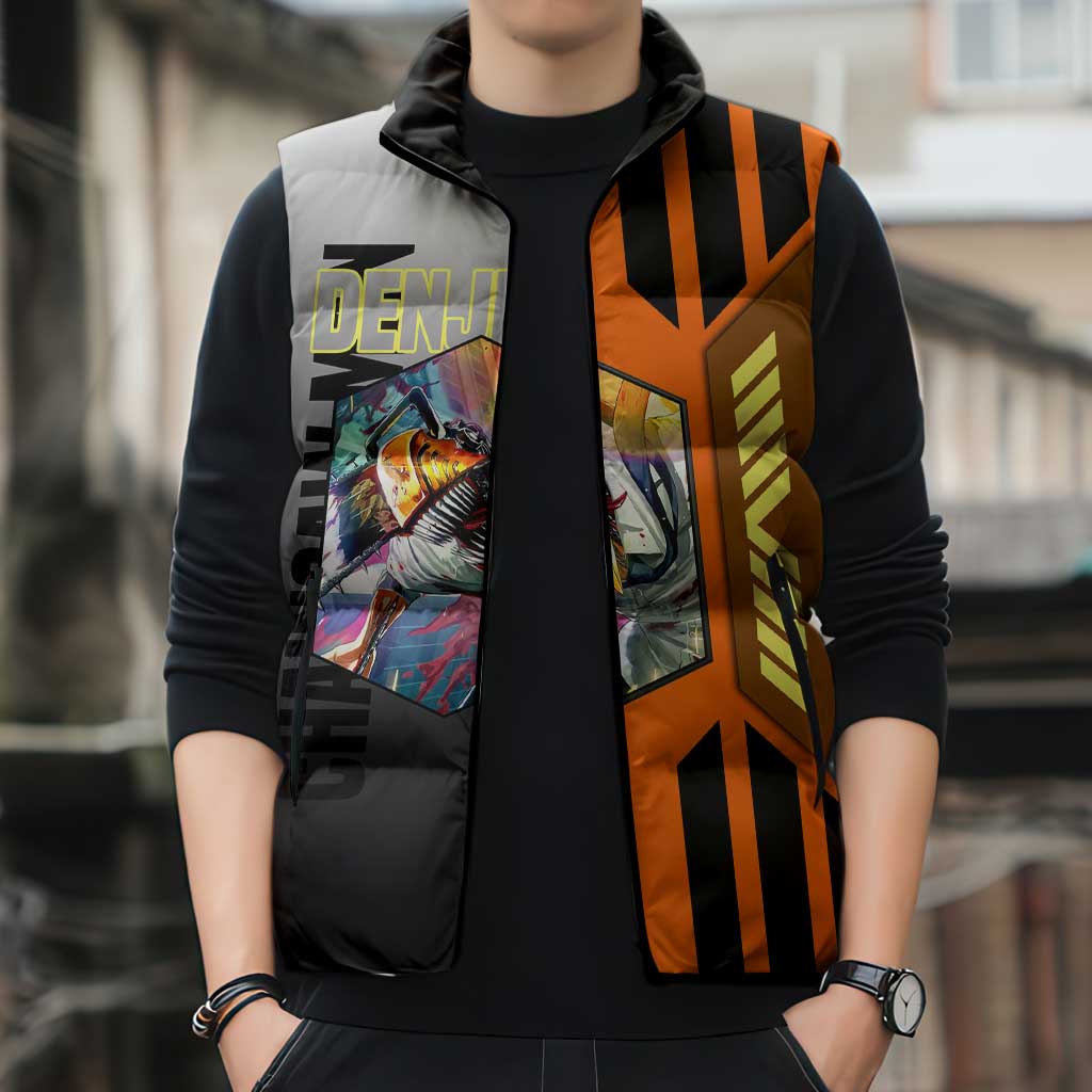 Denji from Chainsaw Man Sleeveless Puffer Jacket with Energetic Posing and Chainsaw Demon Design - The Mazicc