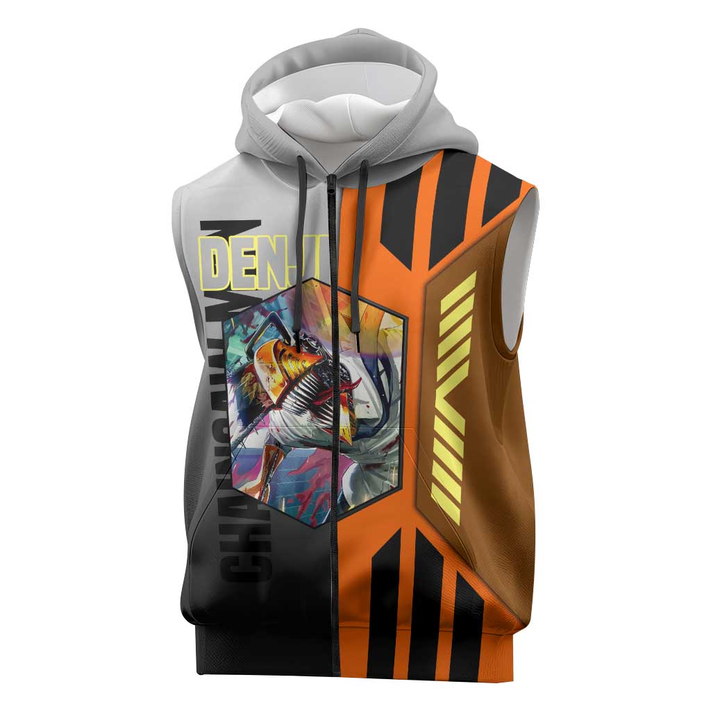 Denji from Chainsaw Man Sleeveless Zip Hoodie with Energetic Posing and Chainsaw Demon Design - The Mazicc