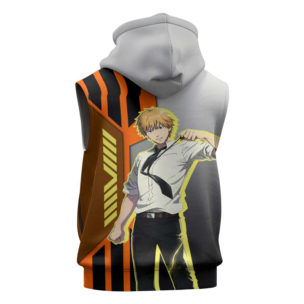Denji from Chainsaw Man Sleeveless Zip Hoodie with Energetic Posing and Chainsaw Demon Design - The Mazicc