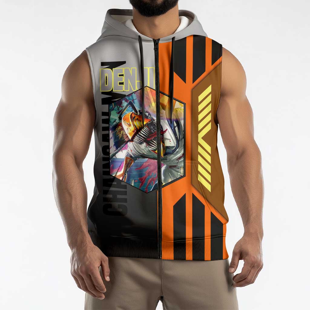 Denji from Chainsaw Man Sleeveless Zip Hoodie with Energetic Posing and Chainsaw Demon Design - The Mazicc