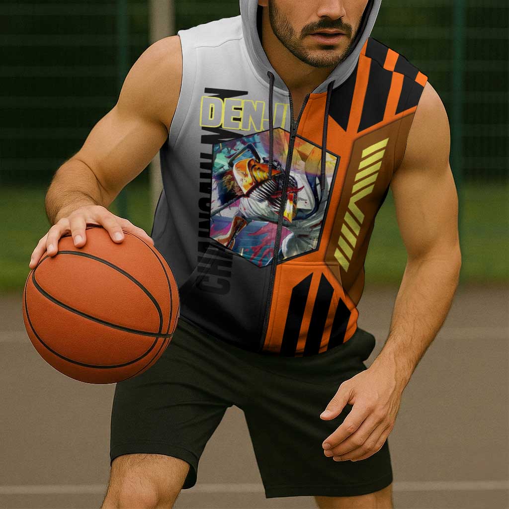 Denji from Chainsaw Man Sleeveless Zip Hoodie with Energetic Posing and Chainsaw Demon Design - The Mazicc