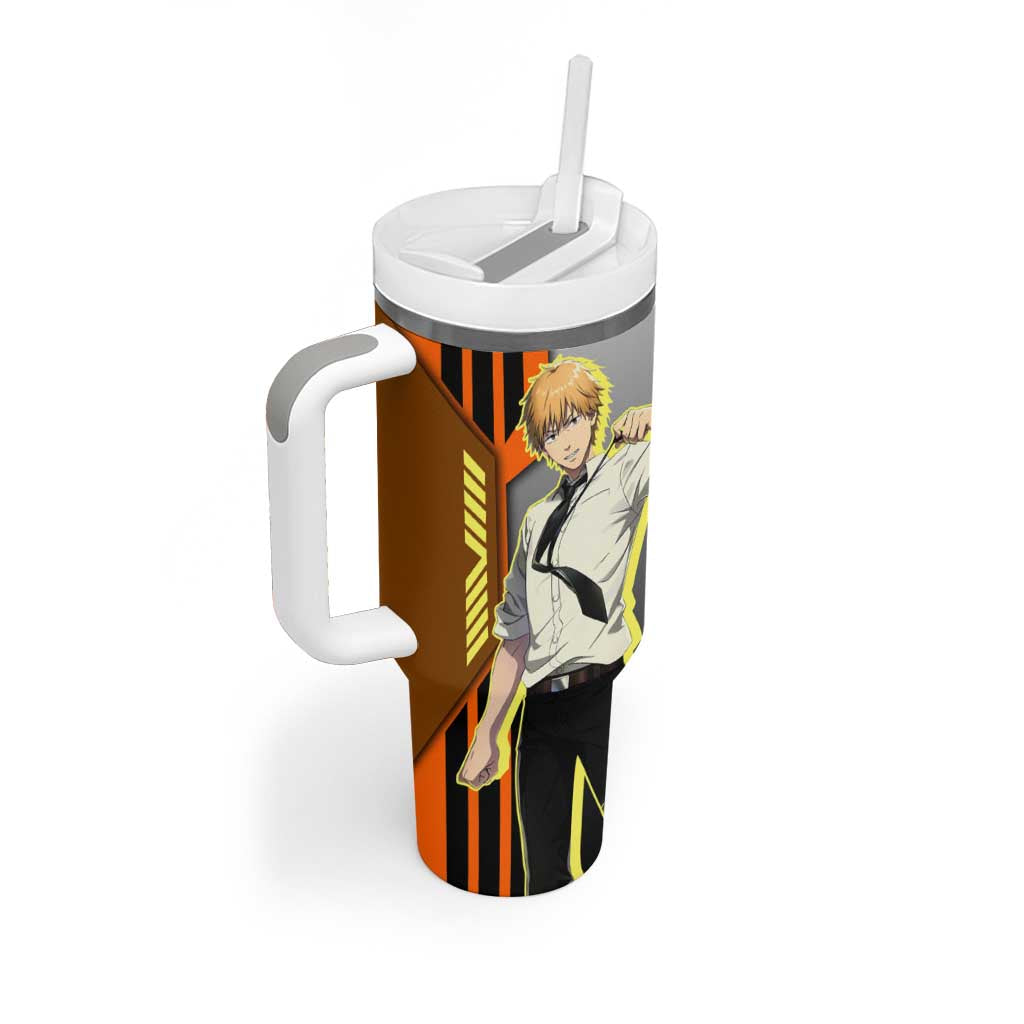 Denji from Chainsaw Man Tumbler With Handle with Energetic Posing and Chainsaw Demon Design - The Mazicc