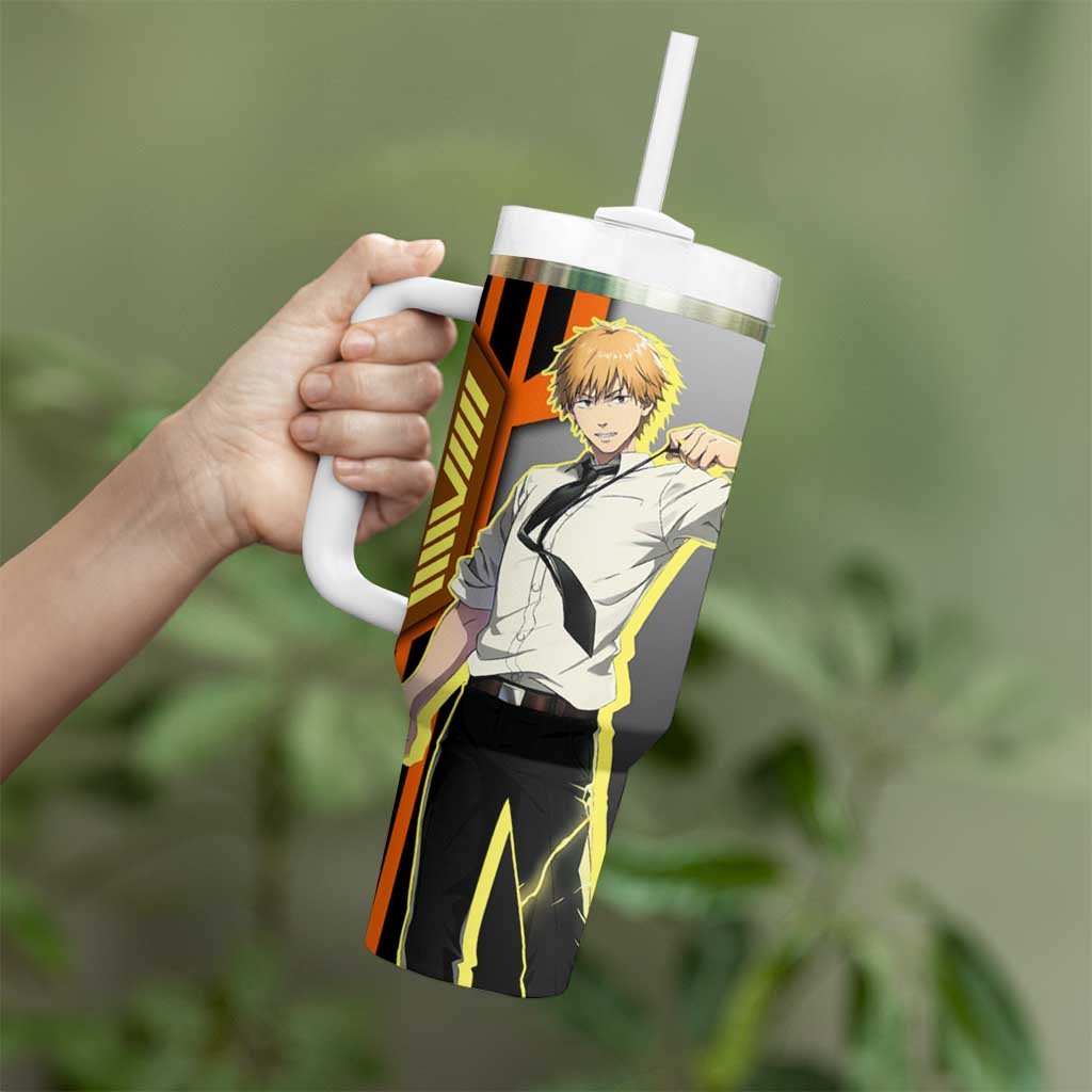 Denji from Chainsaw Man Tumbler With Handle with Energetic Posing and Chainsaw Demon Design - The Mazicc