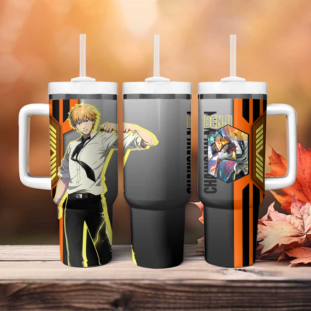 Denji from Chainsaw Man Tumbler With Handle with Energetic Posing and Chainsaw Demon Design - The Mazicc
