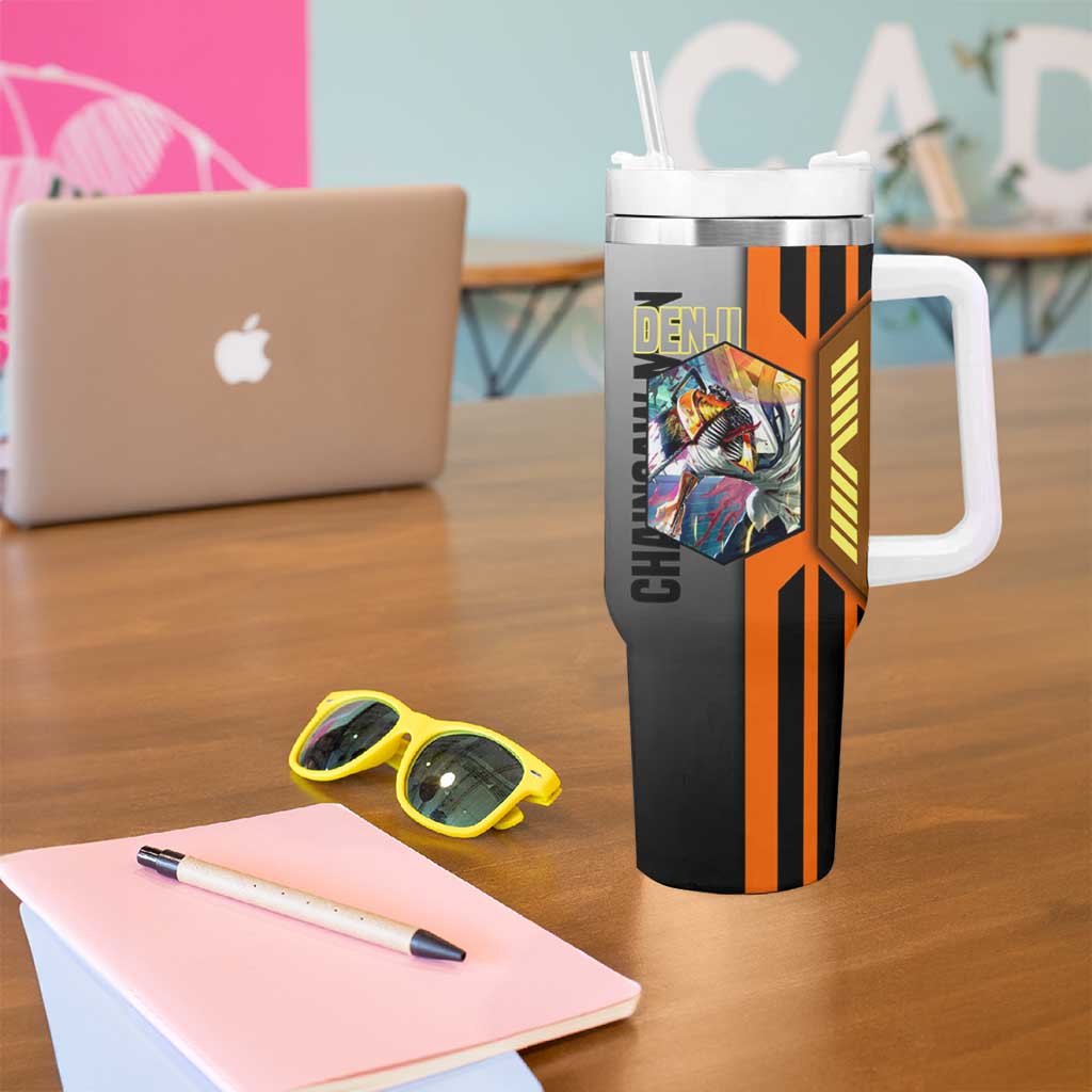 Denji from Chainsaw Man Tumbler With Handle with Energetic Posing and Chainsaw Demon Design - The Mazicc