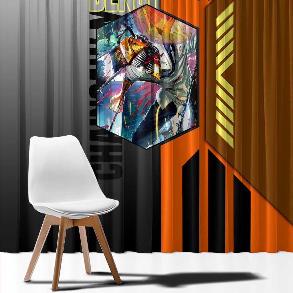Denji from Chainsaw Man Window Curtain with Energetic Posing and Chainsaw Demon Design - The Mazicc