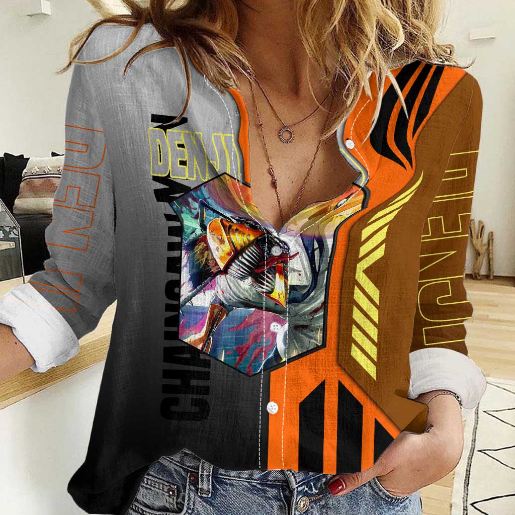 Denji from Chainsaw Man Women Casual Shirt with Energetic Posing and Chainsaw Demon Design - The Mazicc