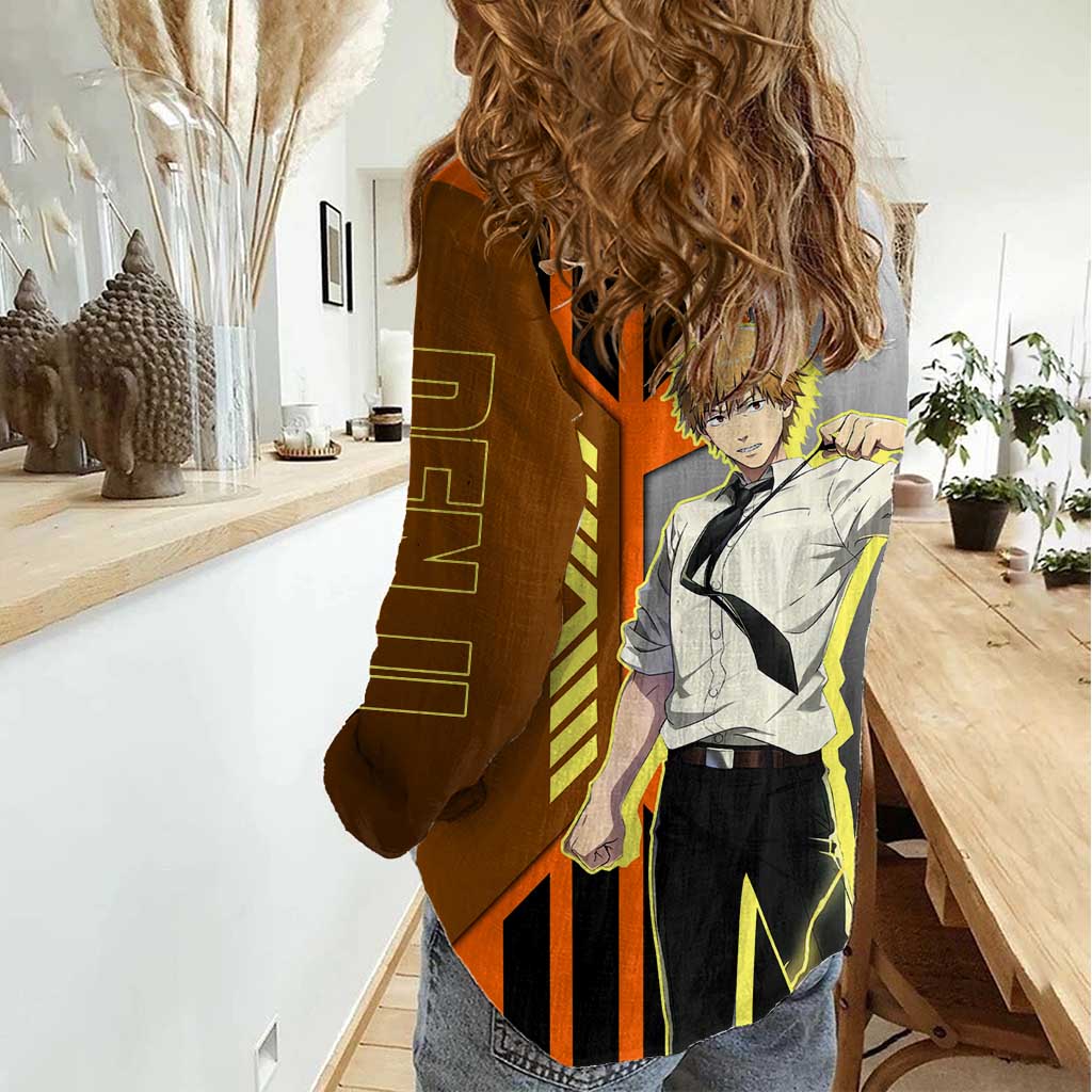 Denji from Chainsaw Man Women Casual Shirt with Energetic Posing and Chainsaw Demon Design - The Mazicc